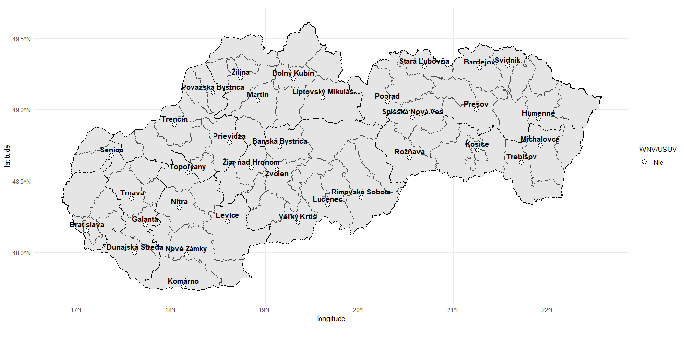 Mapa s výsledkami monitoringu západonílskeho a Usutu vírusu na Slovensku v období 30. 6. – 13. 7. 2025