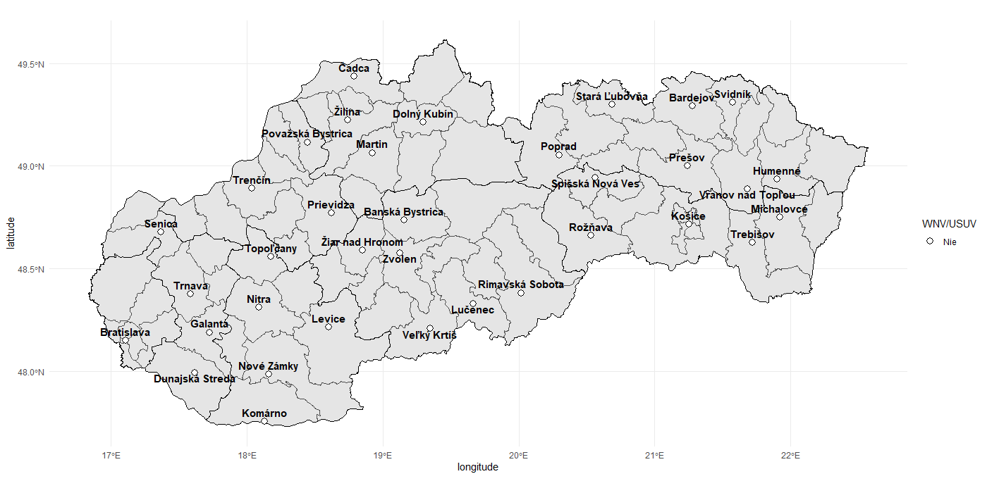 Mapa s výsledkami monitoringu západonílskeho (WNV) a Usutu (USUV) vírusu na Slovensku v období 11. 8. – 31. 8. 2025.