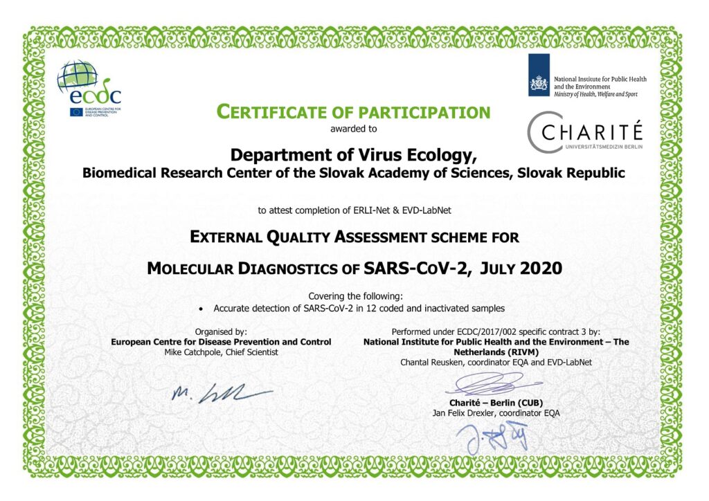 Certifikát o absolvovaní externého hodnotenia kvality testovania na SARS-CoV-2, júl 2020