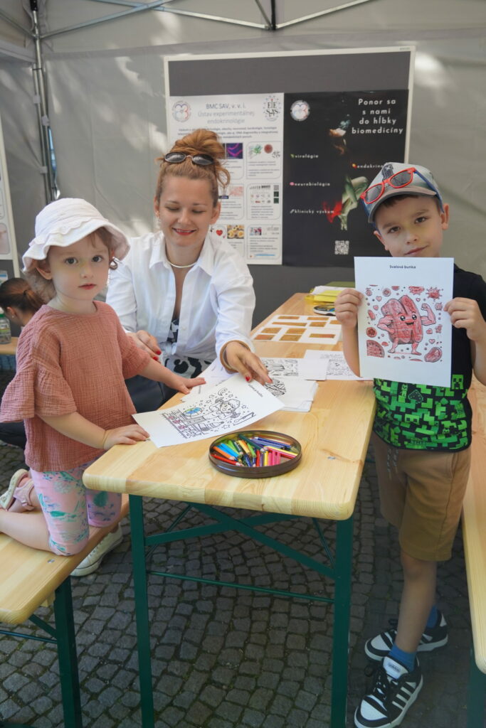 Návštevníci podujatia My sme SAV 2024 na Hviezdoslavovom námestí v Bratislave s vymaľovanými obrázkami svalovej a tukovej bunky v stánku BMC SAV.