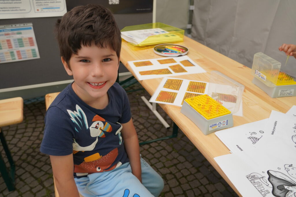 Návštevník podujatia My sme SAV 2024 na Hviezdoslavovom námestí v Bratislave pri skladaní zo špiček v stánku BMC SAV.