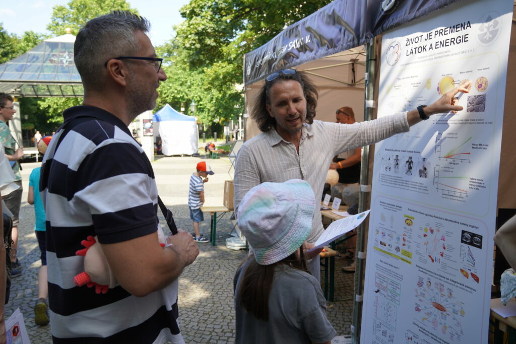 Návštevníci podujatia My sme SAV 2024 na Hviezdoslavovom námestí v Bratislave pred bannerom o endokrinológii v stánku BMC SAV.