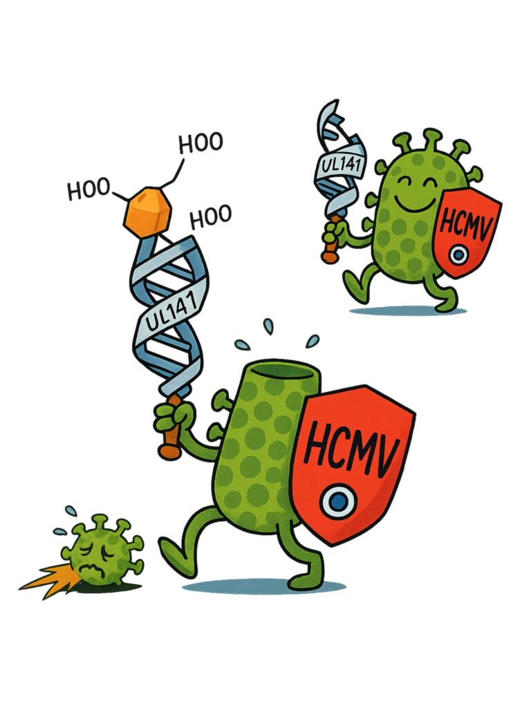 This artwork portrays human cytomegalovirus (as a green knight) wielding its immune-modulating glycoprotein UL141 (blue DNA sword) to subvert host cell defense mechanisms. A small glycomimetic antagonist (in orange) blocks UL141’s action, causing the virus to lose critical functions and diminishing its fitness. The visual metaphor underscores the molecular basis for therapeutic targeting of viral immune evasion.