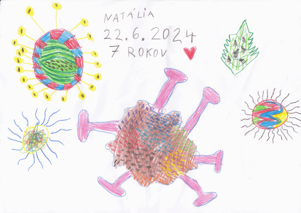 Obrázok jednej z detských návštevníčok stánku BMC SAV, v. v. i., ako si predstavuje vírus.