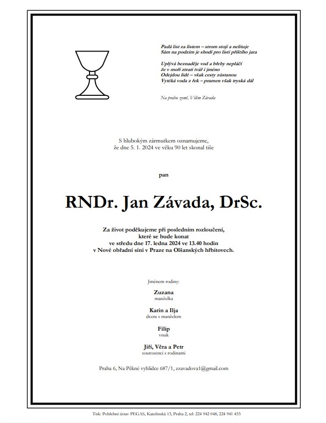 smútočné parte RNDr. Jan Závada, DrSc.